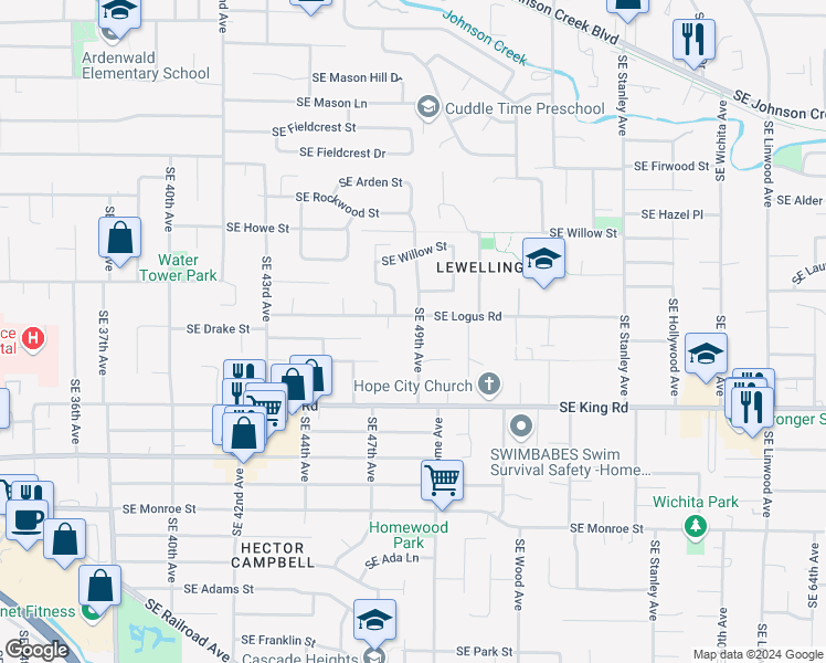 map of restaurants, bars, coffee shops, grocery stores, and more near 10015 Southeast 49th Avenue in Milwaukie