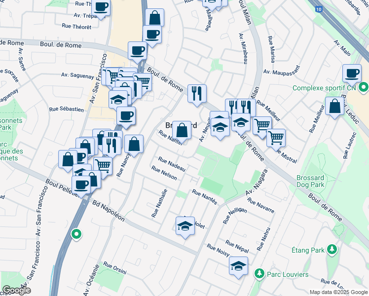 map of restaurants, bars, coffee shops, grocery stores, and more near 2565 Rue Nantel in Brossard