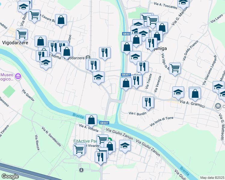 map of restaurants, bars, coffee shops, grocery stores, and more near 4A Via Cosme Tura in Padova