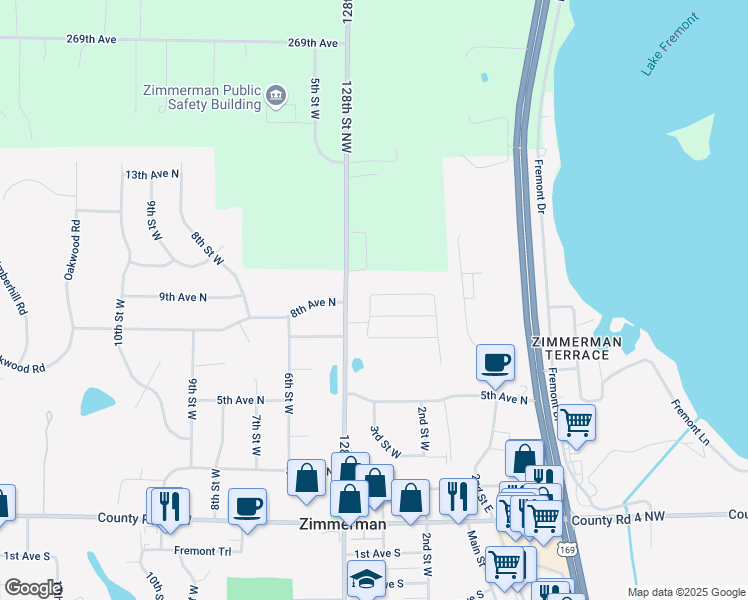 map of restaurants, bars, coffee shops, grocery stores, and more near 700 Goldfinch Lane in Zimmerman