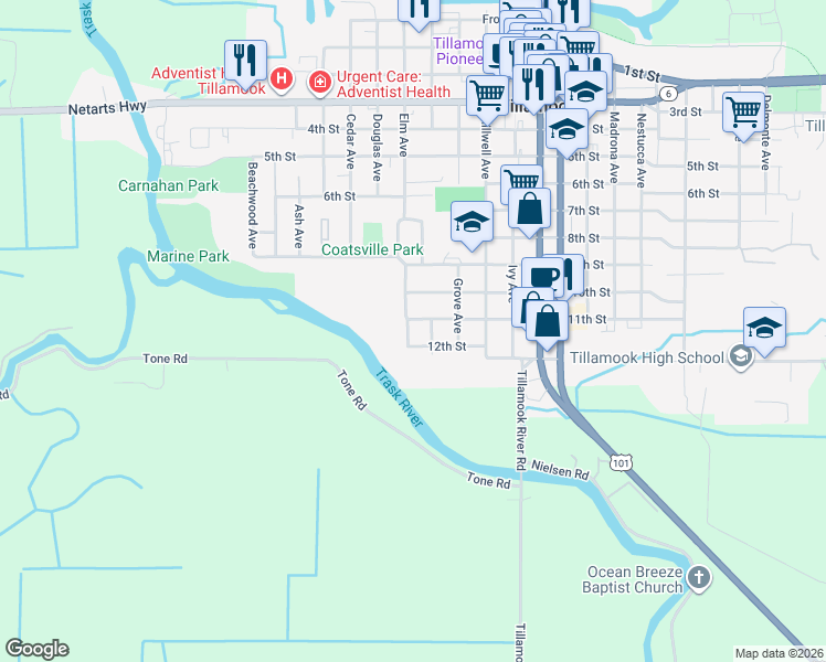 map of restaurants, bars, coffee shops, grocery stores, and more near 1103 Elm Avenue in Tillamook