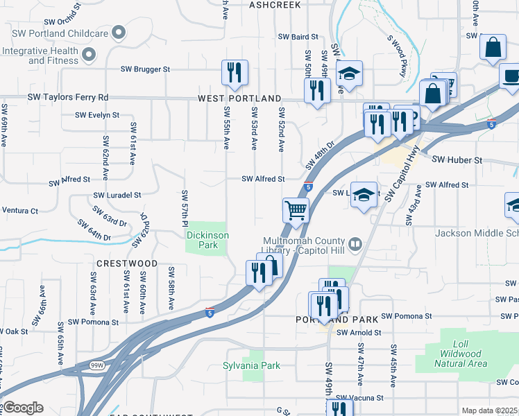 map of restaurants, bars, coffee shops, grocery stores, and more near 10440 Southwest 53rd Avenue in Portland