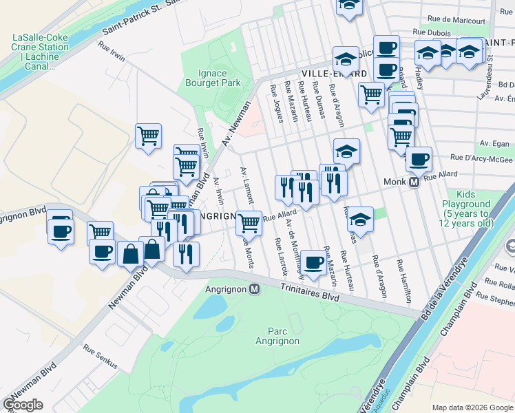 map of restaurants, bars, coffee shops, grocery stores, and more near 6692 Avenue Lamont in Montréal