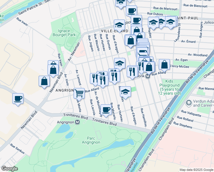 map of restaurants, bars, coffee shops, grocery stores, and more near Rue Mazarin in Montréal
