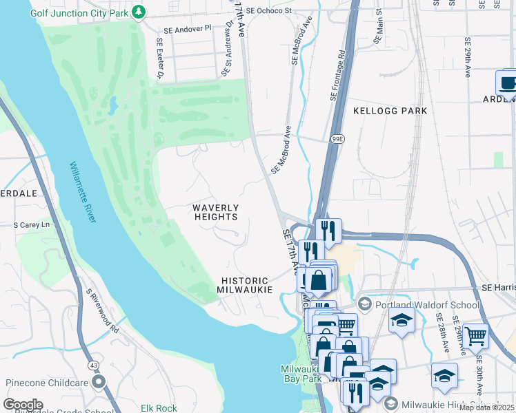 map of restaurants, bars, coffee shops, grocery stores, and more near 10030 Southeast Waverly Court in Milwaukie