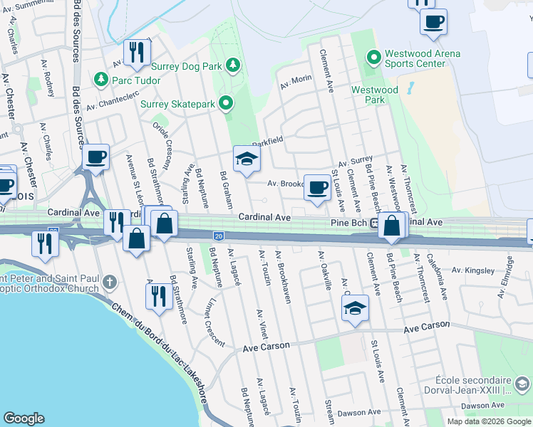map of restaurants, bars, coffee shops, grocery stores, and more near 1917 Avenue Cardinal in Dorval