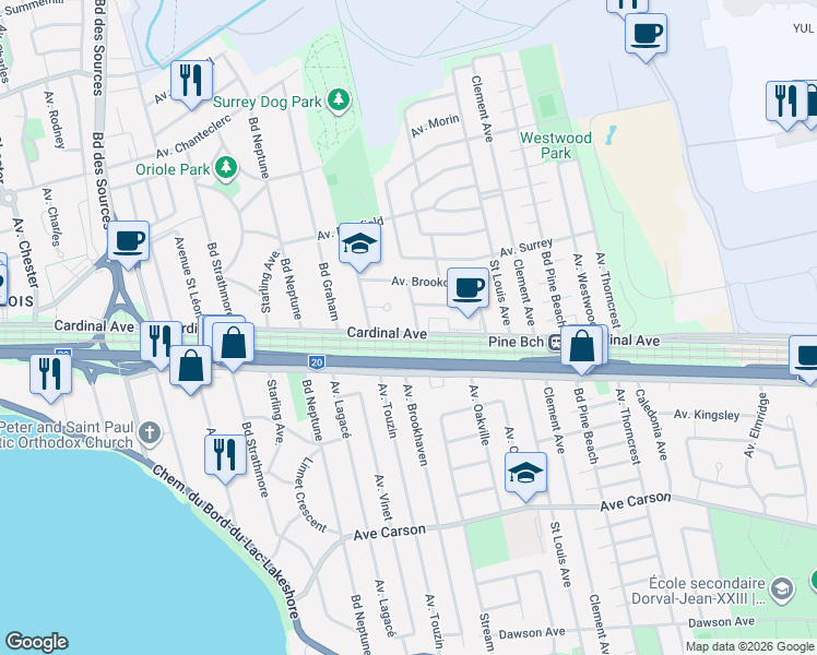 map of restaurants, bars, coffee shops, grocery stores, and more near 1865 Avenue Cardinal in Dorval