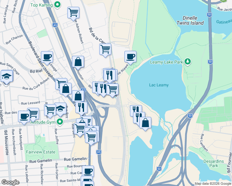 map of restaurants, bars, coffee shops, grocery stores, and more near Boulevard de la Carrière in Gatineau