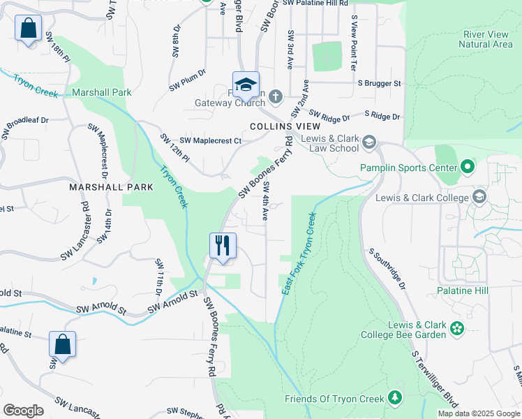 map of restaurants, bars, coffee shops, grocery stores, and more near 10405 Southwest 4th Avenue in Portland