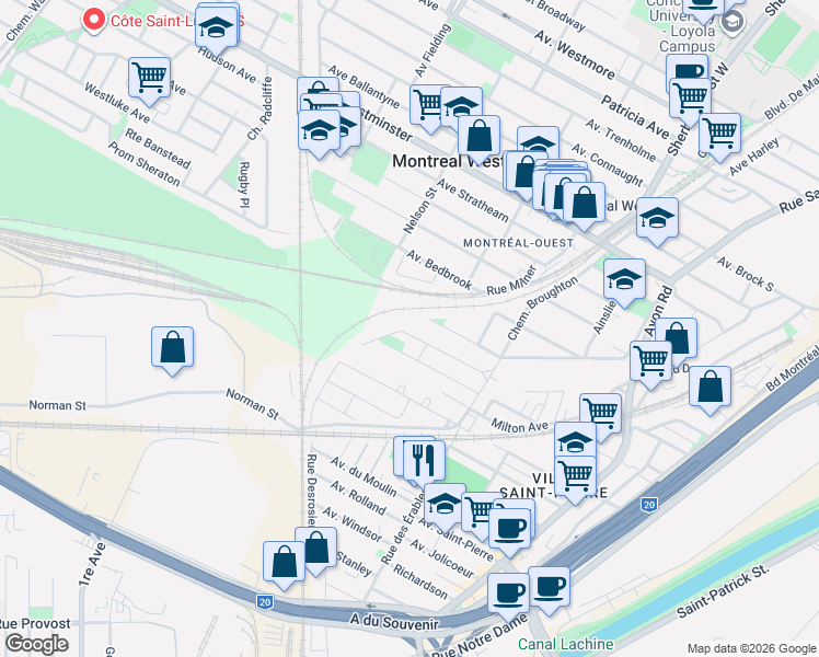 map of restaurants, bars, coffee shops, grocery stores, and more near 159 Avenue Hillcrest in Montréal
