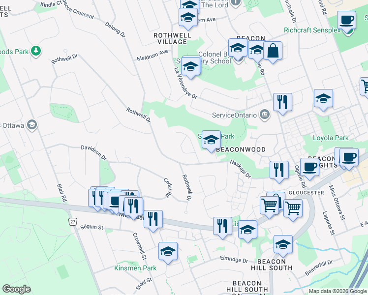 map of restaurants, bars, coffee shops, grocery stores, and more near 1965 Ludgate Crescent in Ottawa