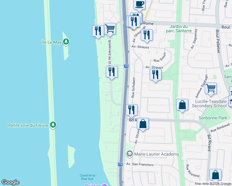 map of restaurants, bars, coffee shops, grocery stores, and more near 8345 Boulevard du Saint Laurent in Brossard