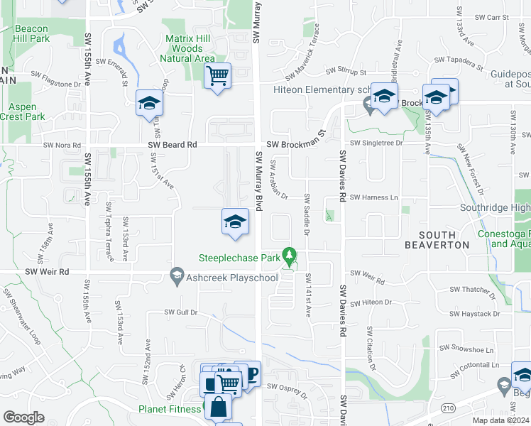 map of restaurants, bars, coffee shops, grocery stores, and more near 9822 Southwest Dapplegrey Loop in Beaverton