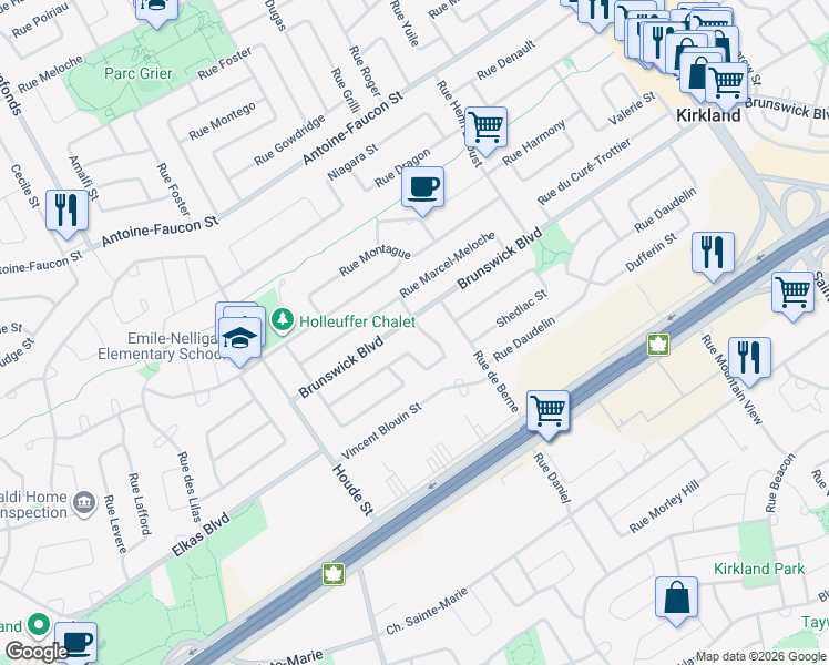 map of restaurants, bars, coffee shops, grocery stores, and more near 5 Rue Nelligan in Kirkland