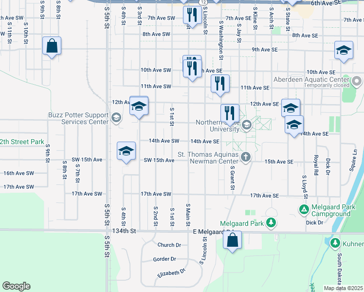 map of restaurants, bars, coffee shops, grocery stores, and more near 1408 South Main Street in Aberdeen