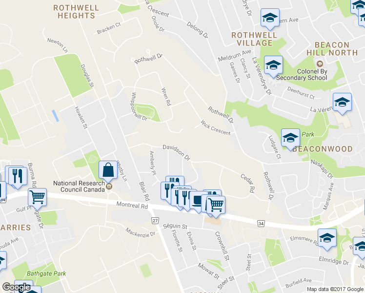 map of restaurants, bars, coffee shops, grocery stores, and more near 27 Davidson Drive in Ottawa