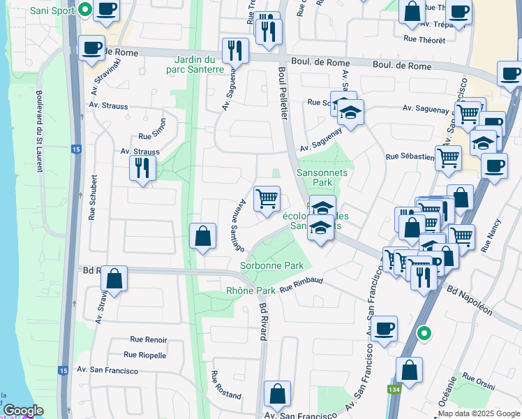map of restaurants, bars, coffee shops, grocery stores, and more near 1685 Croissant de Salzbourg in Brossard