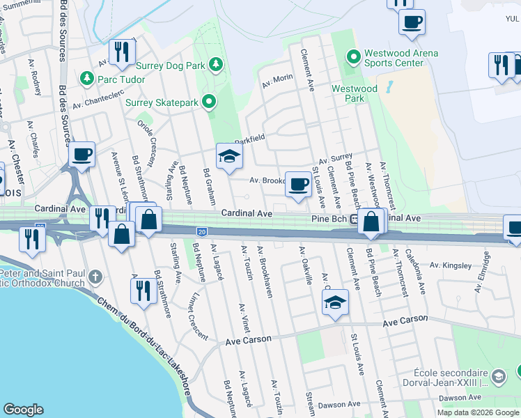 map of restaurants, bars, coffee shops, grocery stores, and more near 1865 Avenue Cardinal in Dorval