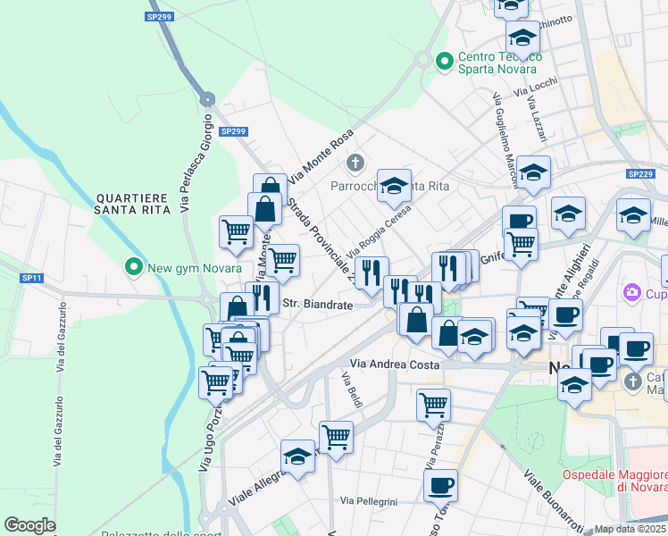 map of restaurants, bars, coffee shops, grocery stores, and more near 3 Via Valsesia in Novara