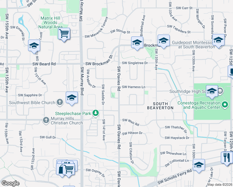 map of restaurants, bars, coffee shops, grocery stores, and more near 9645 Southwest Davies Road in Beaverton