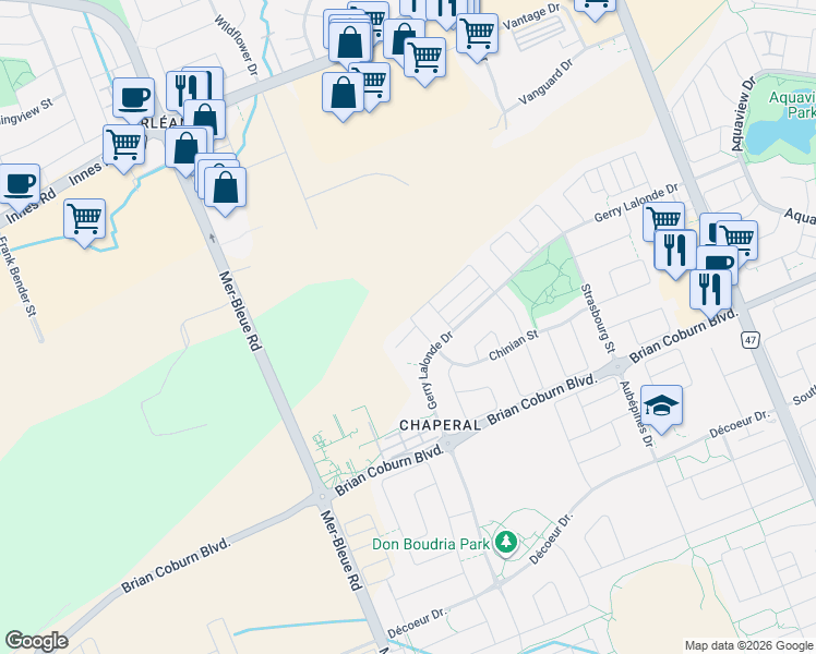 map of restaurants, bars, coffee shops, grocery stores, and more near 100 Livorno Court in Ottawa