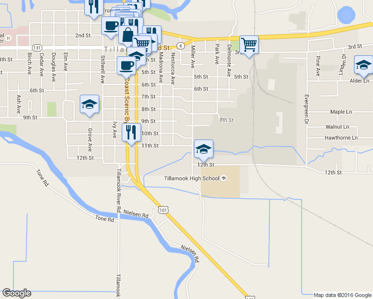 map of restaurants, bars, coffee shops, grocery stores, and more near 2415 11th Street in Tillamook