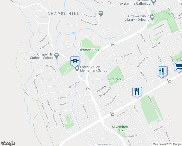 map of restaurants, bars, coffee shops, grocery stores, and more near 6000 Red Willow Drive in Ottawa