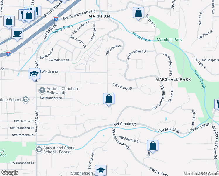 map of restaurants, bars, coffee shops, grocery stores, and more near 10410 Southwest 25th Avenue in Portland