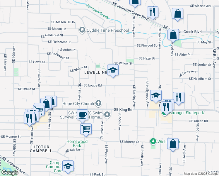 map of restaurants, bars, coffee shops, grocery stores, and more near 5302 Southeast Logus Road in Milwaukie