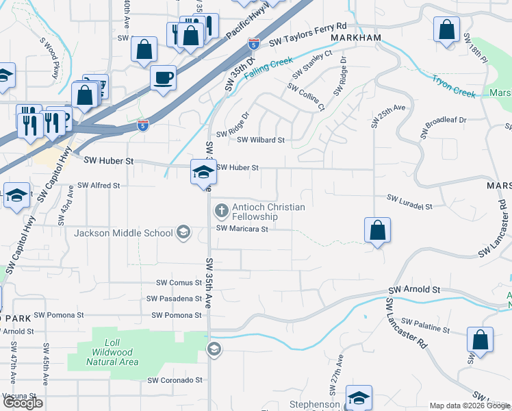 map of restaurants, bars, coffee shops, grocery stores, and more near 3219 Southwest Maricara Street in Portland