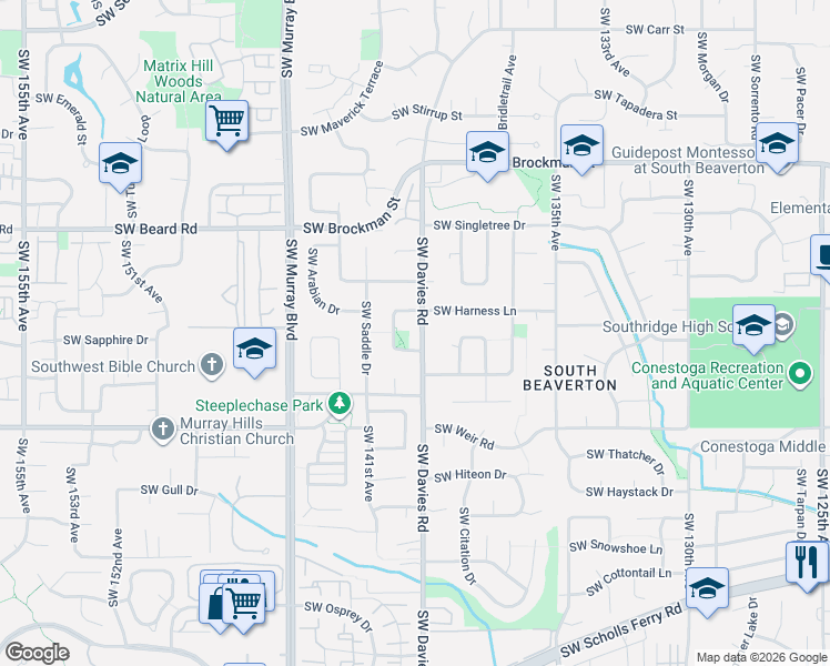 map of restaurants, bars, coffee shops, grocery stores, and more near 9645 Southwest Davies Road in Beaverton