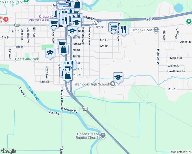 map of restaurants, bars, coffee shops, grocery stores, and more near 2415 11th Street in Tillamook