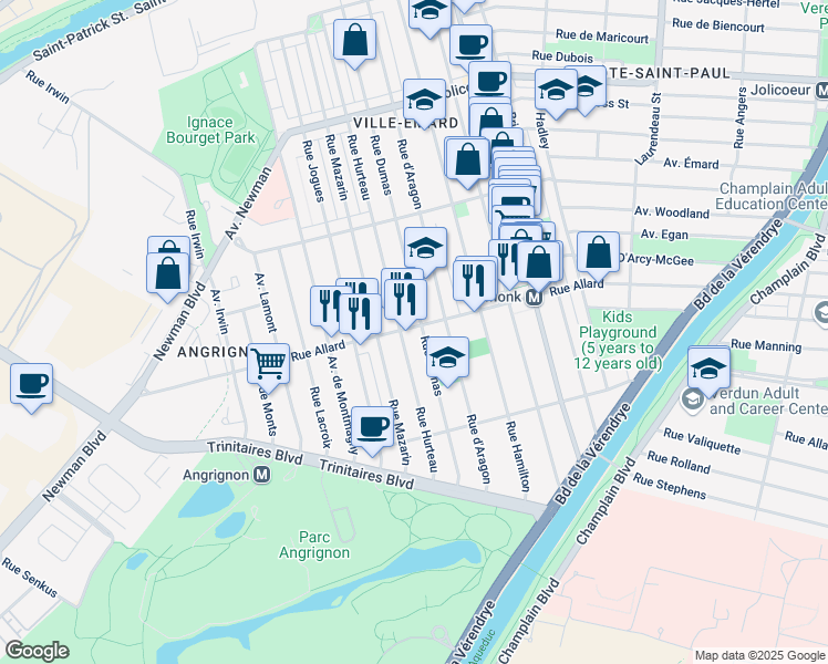 map of restaurants, bars, coffee shops, grocery stores, and more near 2818 Rue Allard in Montréal