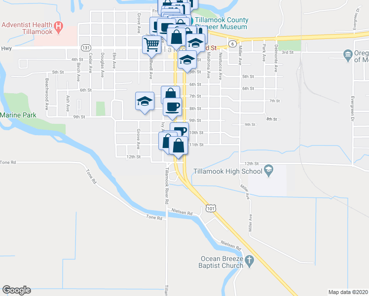 map of restaurants, bars, coffee shops, grocery stores, and more near 1115 Pacific Avenue in Tillamook