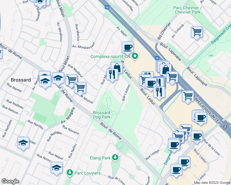 map of restaurants, bars, coffee shops, grocery stores, and more near 7435 Rue Lautrec in Brossard