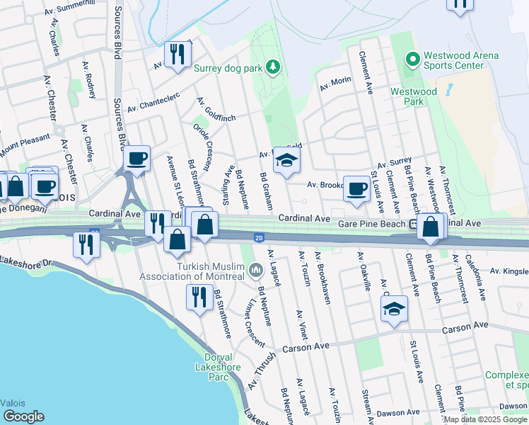 map of restaurants, bars, coffee shops, grocery stores, and more near 502 Boulevard Graham in Dorval