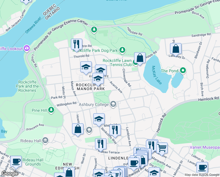 map of restaurants, bars, coffee shops, grocery stores, and more near in Ottawa