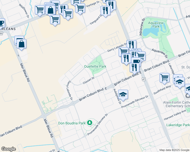 map of restaurants, bars, coffee shops, grocery stores, and more near 219 Chinian Street in Ottawa