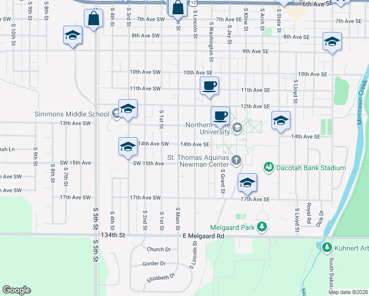 map of restaurants, bars, coffee shops, grocery stores, and more near 1408 South Lincoln Street in Aberdeen