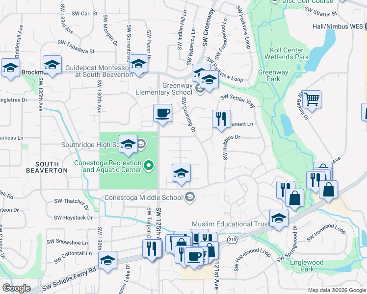 map of restaurants, bars, coffee shops, grocery stores, and more near 9610 Southwest Prairie Terrace in Beaverton