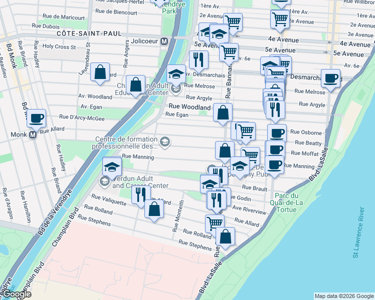 map of restaurants, bars, coffee shops, grocery stores, and more near 1158 Rue Moffat in Montréal