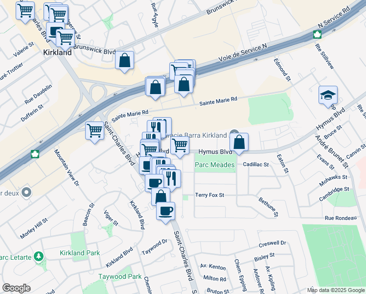 map of restaurants, bars, coffee shops, grocery stores, and more near 16839 Boulevard Hymus in Kirkland