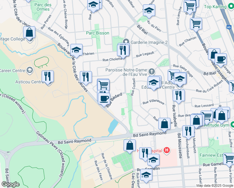 map of restaurants, bars, coffee shops, grocery stores, and more near 55 Rue Bernard-Raymond in Gatineau