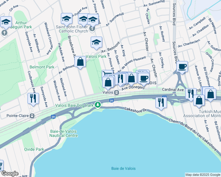 map of restaurants, bars, coffee shops, grocery stores, and more near in Pointe-Claire