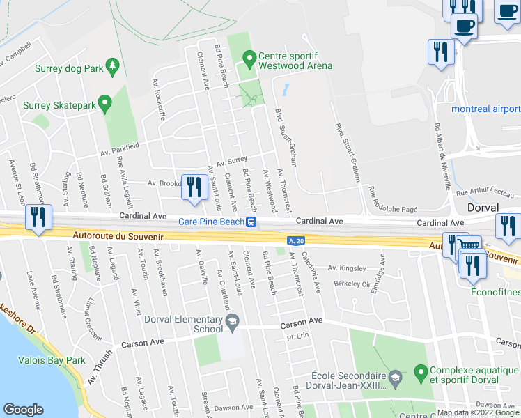 map of restaurants, bars, coffee shops, grocery stores, and more near 1550 Place Anchorage in Dorval