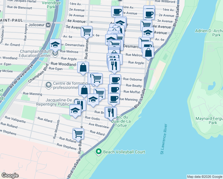 map of restaurants, bars, coffee shops, grocery stores, and more near 601 Rue Moffat in Montréal