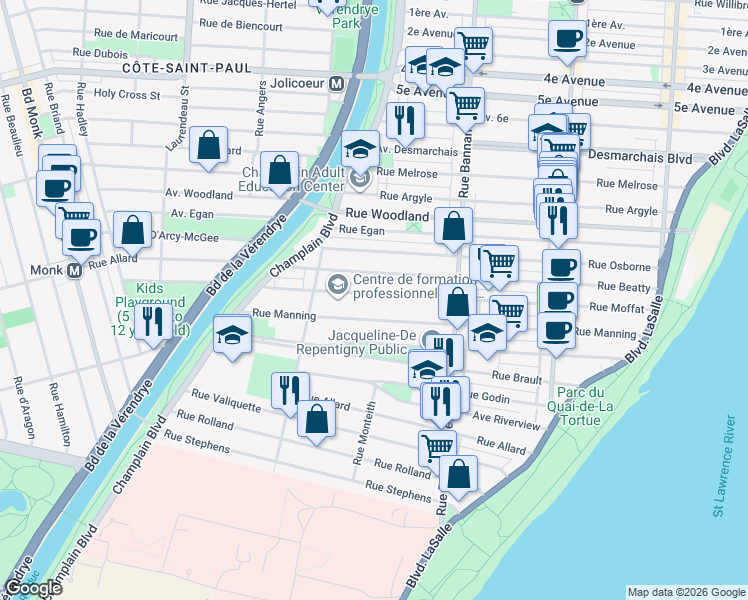 map of restaurants, bars, coffee shops, grocery stores, and more near in Montreal
