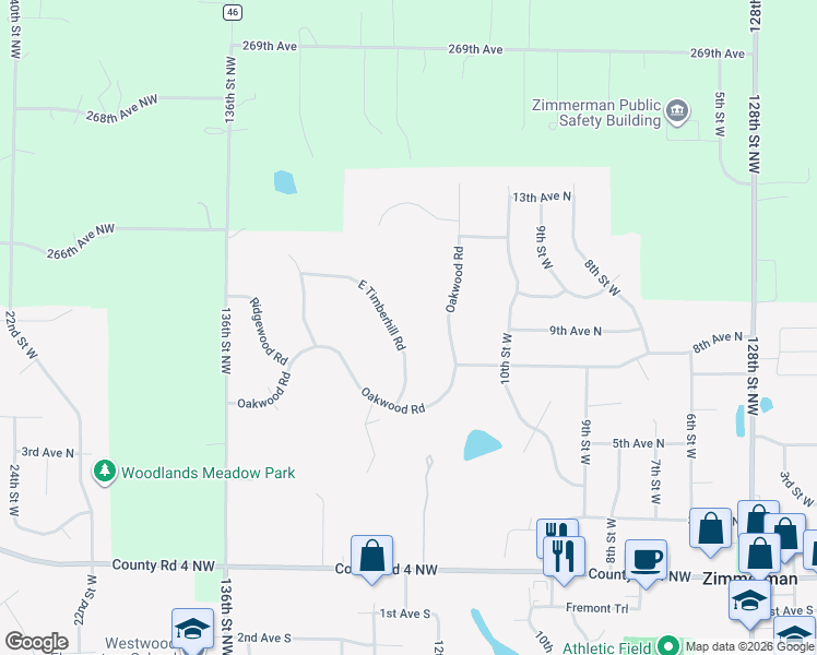 map of restaurants, bars, coffee shops, grocery stores, and more near 26450 East Timberhill Road in Zimmerman