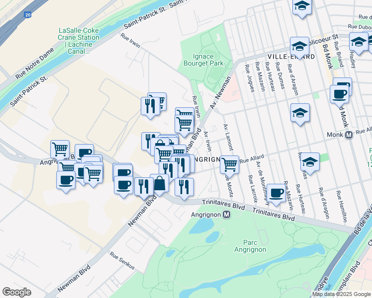 map of restaurants, bars, coffee shops, grocery stores, and more near 6767 Boulevard Newman in Montréal