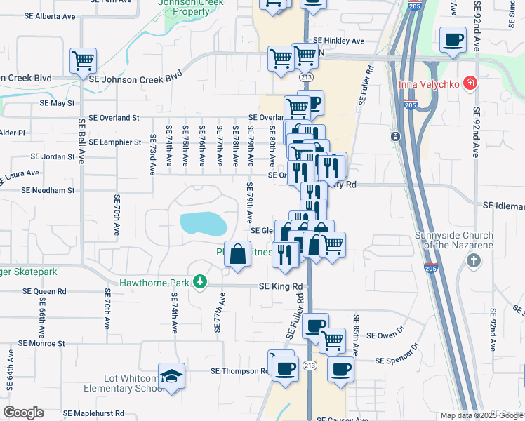 map of restaurants, bars, coffee shops, grocery stores, and more near 7949 Southeast Glencoe Road in Milwaukie